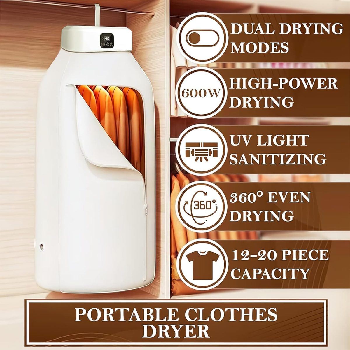Tomletick Electric Cloth Warmer - Portable Cloth Warming Machine for Home, Warming Bag, and Towel Rack - Automatic Wet Clothing Air Warmer,White,Acrylonitrile Butadiene Styrene - Image 2