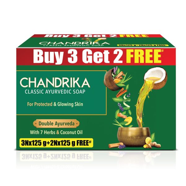 Chandrika Ayurvedic Soap Classic| Handmade Soap for Naturally Radiant Skin| For All Skin Types| 125g (Pack of 3) + 2x125g Soap Free