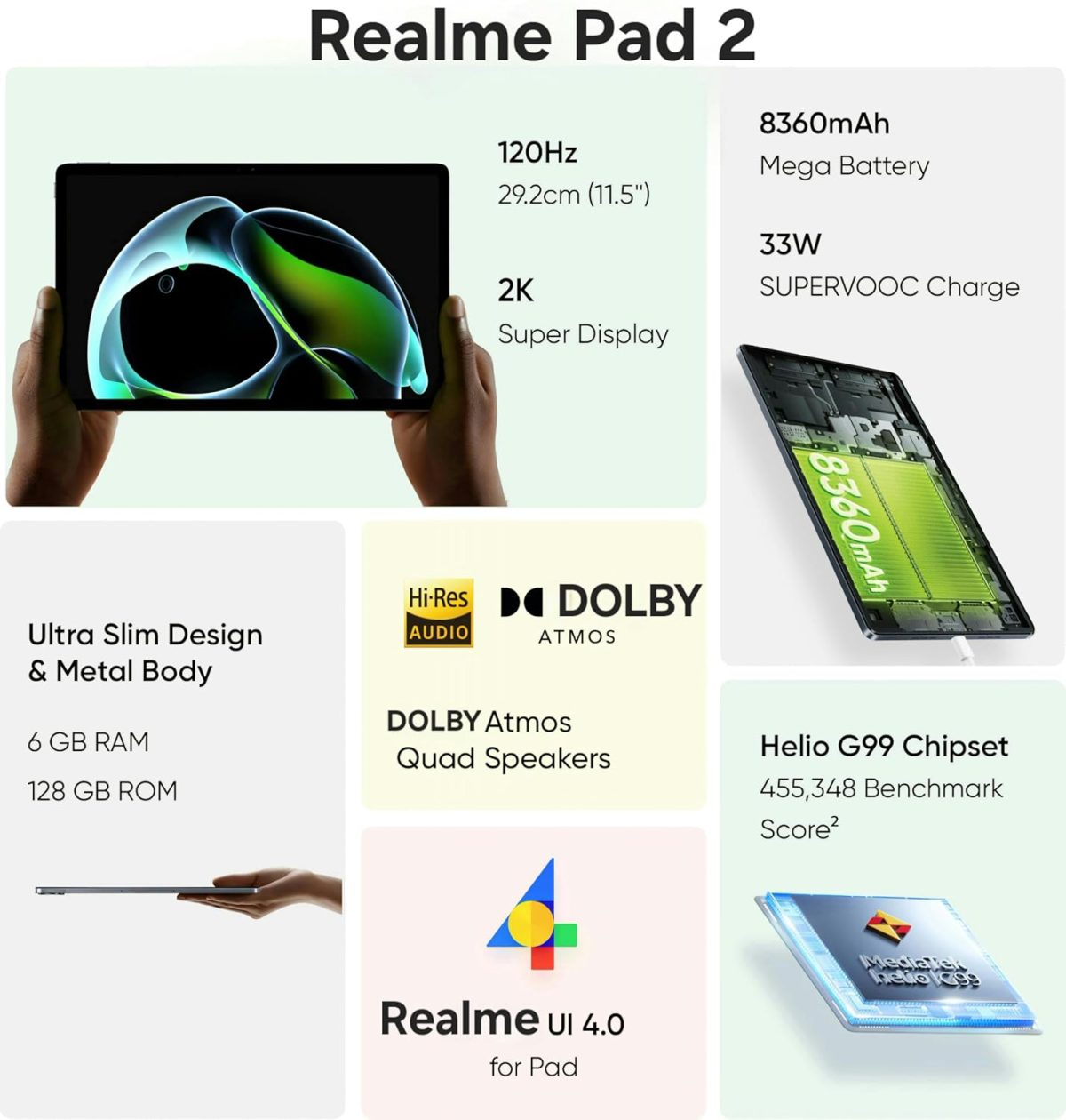 REALME Pad 2 4G (6GB RAM, 128GB Storage, Inspiration Grey) | Expandable Upto 2 TB | 11.5" 2K Super Display | MediaTek Helio G99 Processor | 33W SUPERVOOC Charging | 8360 mAh Battery | 8MP+5MP Camera - Image 6