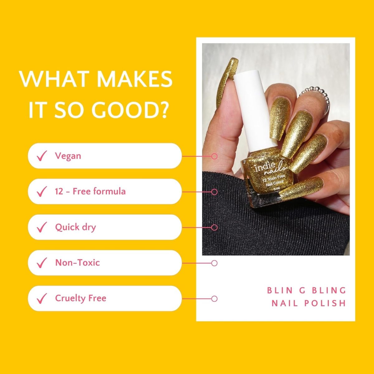Indie Nails Nail Polish Bling Bling - Golden Glitter Long-Lasting, High-Shine Finish | Chip-Resistant & Quick-Drying Formula | Vegan & 12-Free Nail Paint For Women Professional-Quality Manicure 5ml - Image 4