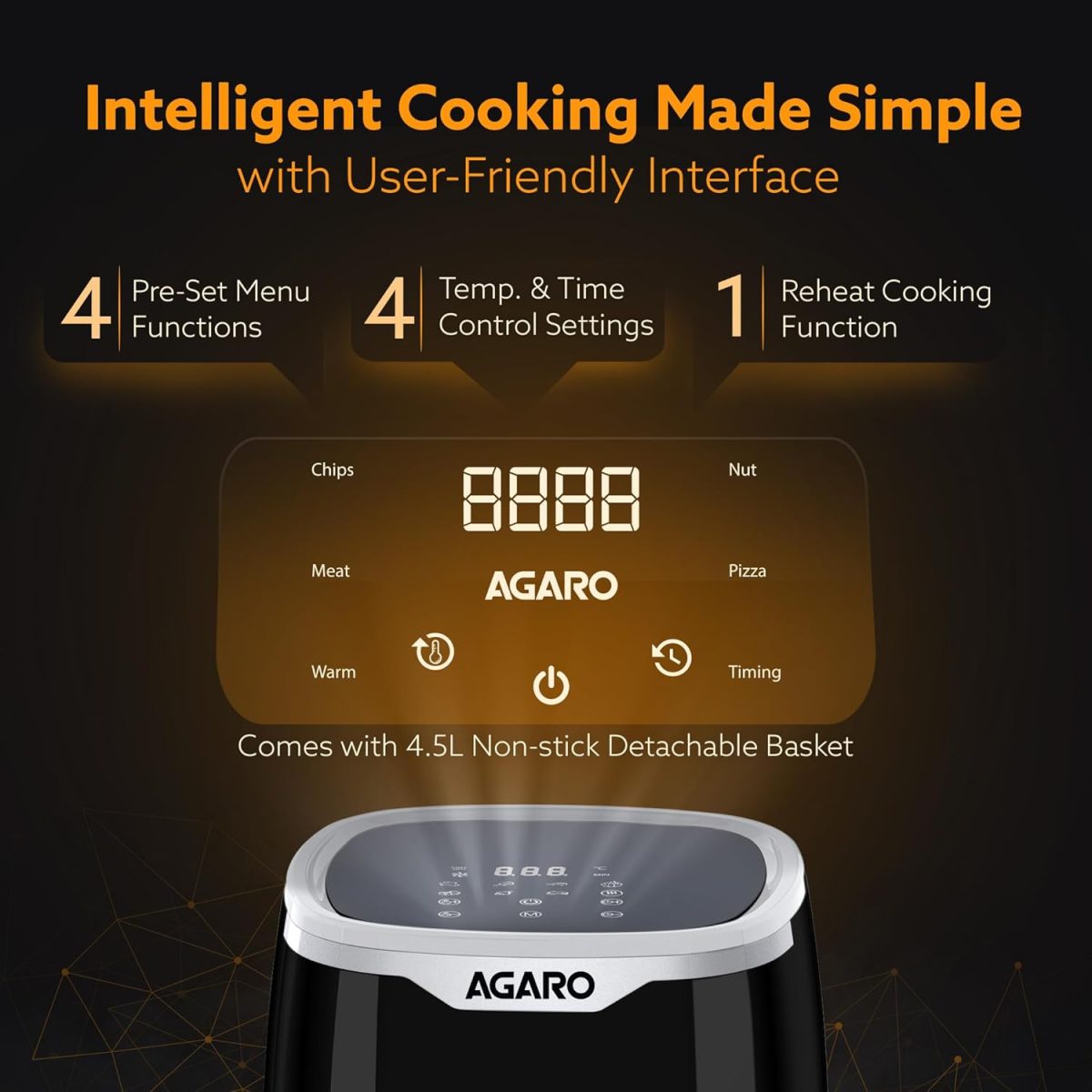 AGARO Galaxy Digital Air Fryer For Home, 4.5L, Electric Air Fryer, Convection Oven, 1400W, 7 Preset Programs & Reheat, 360 Degrees Air Circulation, Digital Touch Display, Bake, Roast, Toast, Black - Image 4