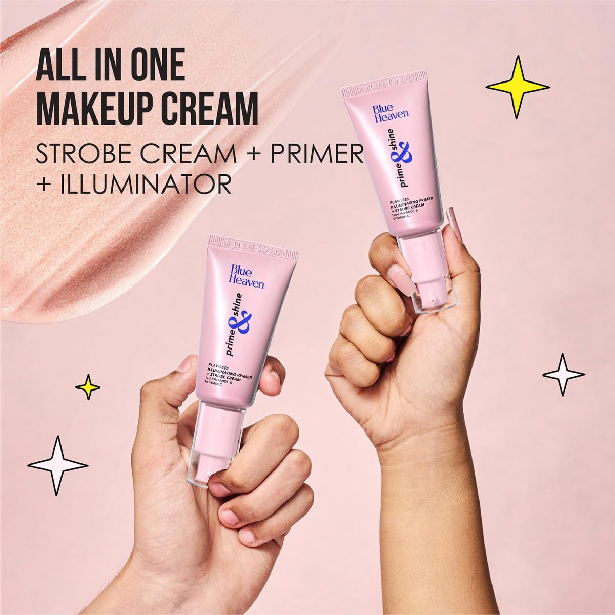 Blue Heaven Prime & Shine Flawless Illuminating Primer + Strobe Cream | Primer + Highlighter + Moisturiser |Infused with Vitamin C and Niacinamide for naturally glowing skin, Silver Pink, 25g - Image 4