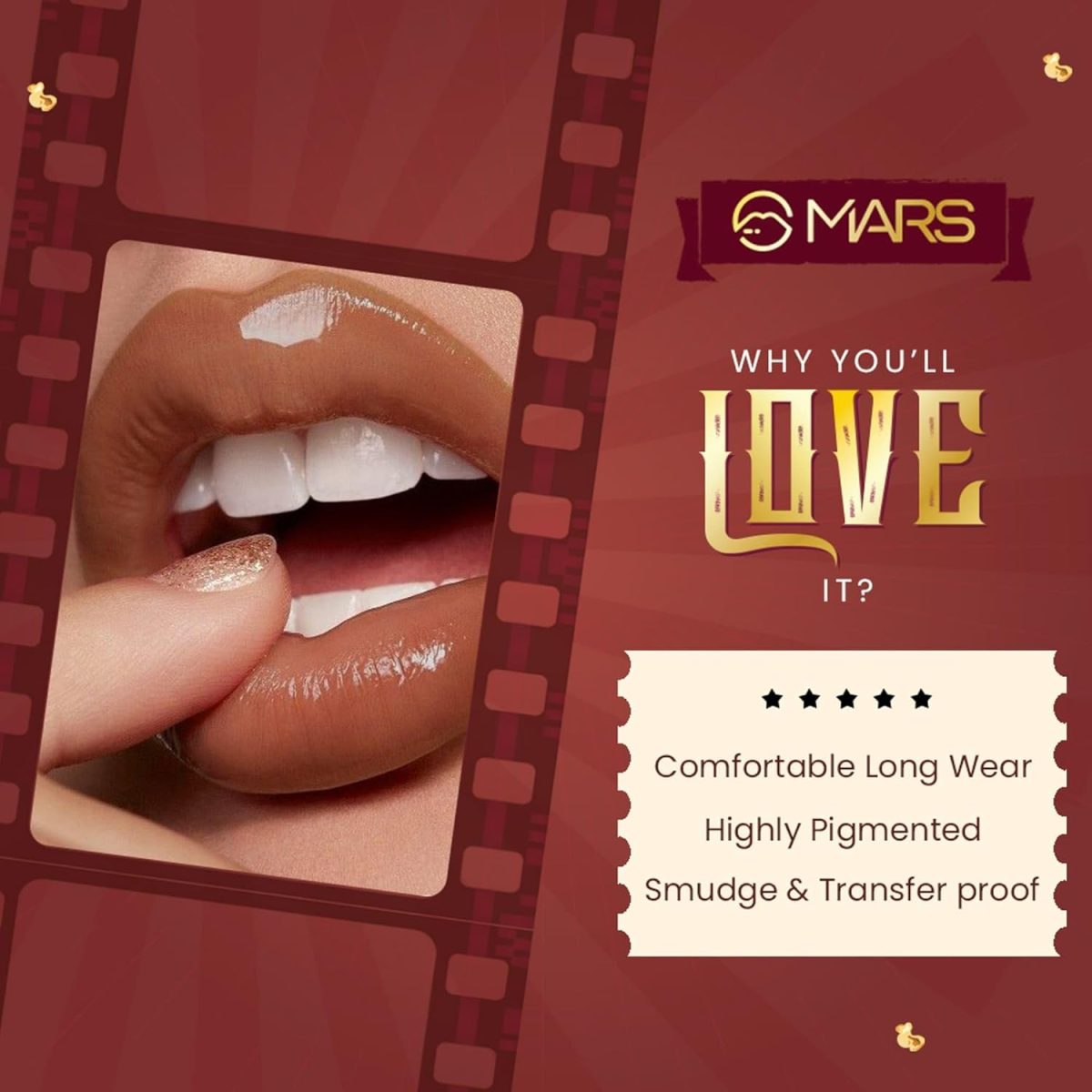 MARS Golden Era CineMagic Lip Gloss | Highly Pigmented | Long-Lasting Upto 12 Hours | Transfer-Proof and Smudging-Proof | Instant High Shine Gloss | Comfortable Wear (2.0ml) (04-HEER) - Image 3