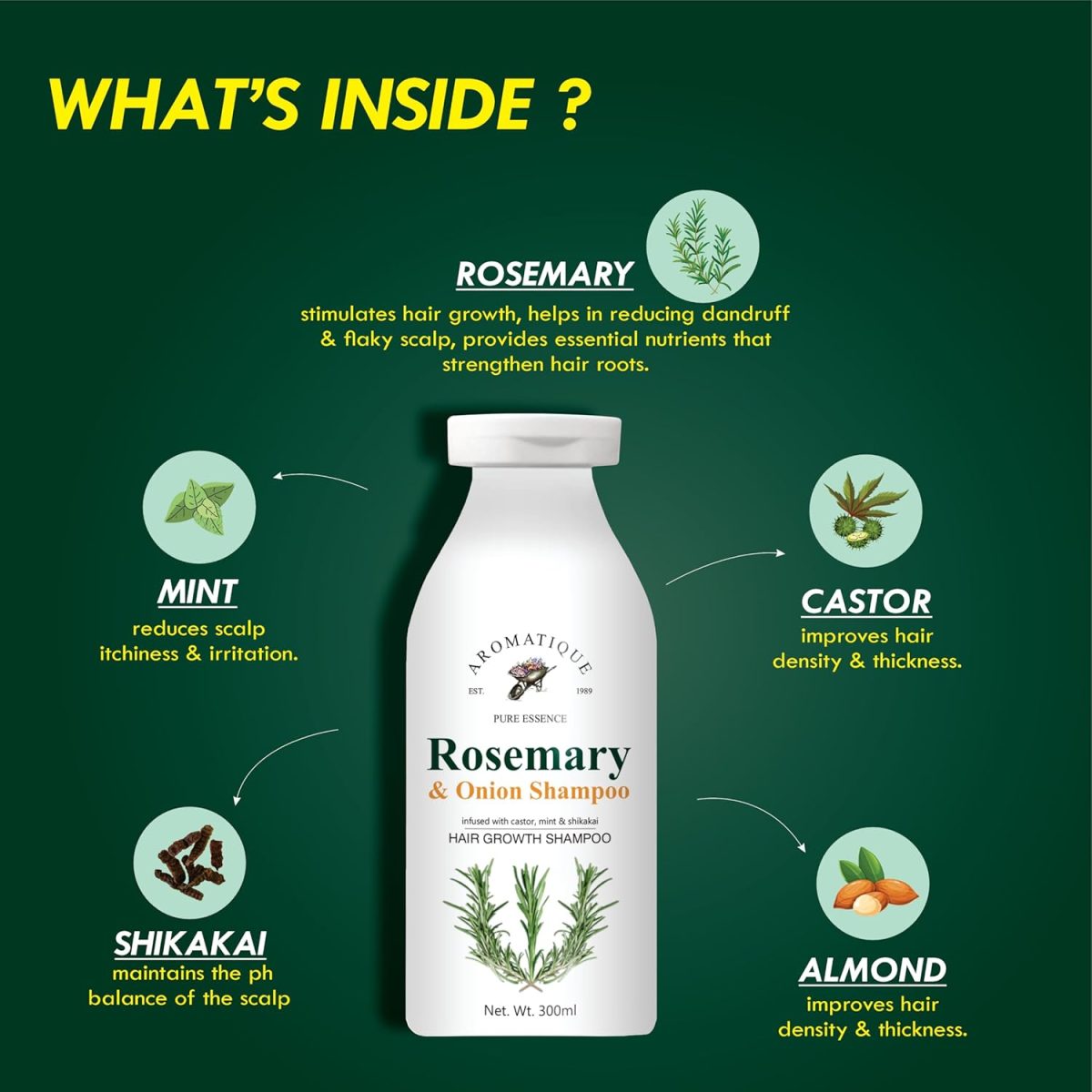 Aromatique Rosemary Shampoo for Hair Growth Enriched with Onion, Castor Oil & Shikakai Extract | Reduces Hair Fall & Controls Dandruff 300ml - Image 2