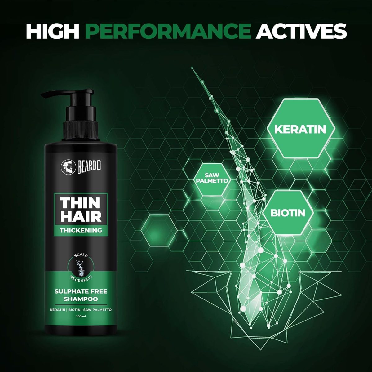 BEARDO Thin Hair Thickening Sulphate Free Shampoo for Men 200 ml | With Biotin, Keratin, Saw Palmetto | Sulphate and Paraben Free Shampoo | For Strong & Thick Hair - Image 4
