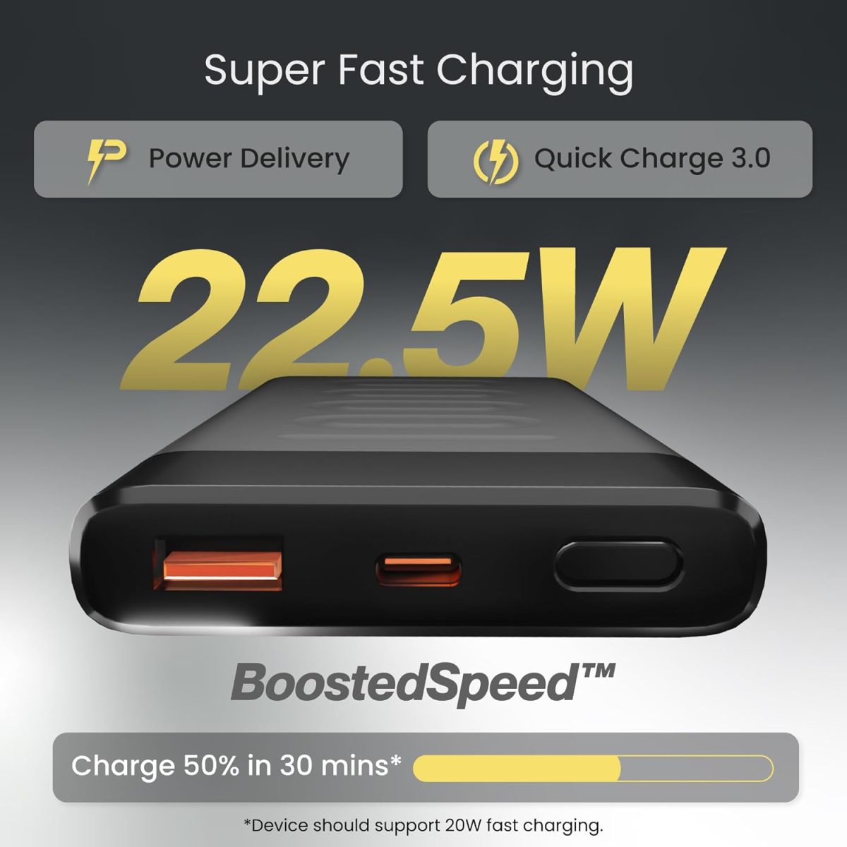 Ambrane 10000mAh Slim & Compact Powerbank, 22.5W Fast Charging, USB & Type C Output, Power Delivery, Quick Charge for iPhone, Android & Other Devices, Made in India + Type C Cable (Stylo 10, Black) - Image 2