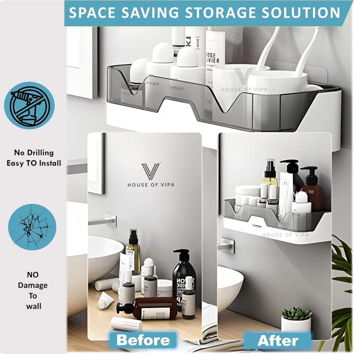 House of VIPA Plastic Bathroom Accessories, Bathroom Rack, Bathroom Shelf Organizer, Wall Mounted Shelf, Bathroom Hardware and Accessories, Storage Racks (2 Shelf and 4 Hooks), Multi - Image 5