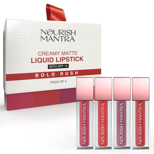 Nourish Mantra Bold Rush Creamy Matte Liquid lipstick combo with SPF 15 Set of 4(1.2ml Each) | Mini Lipstick |red lipsticks | Water Proof | Smudge Proof | transfer Proof | Long Lasting | for all Skin tones
