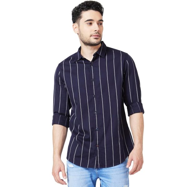 Spykar Men Navy Blue Cotton Slim Fit Full Sleeve Striped Shirt