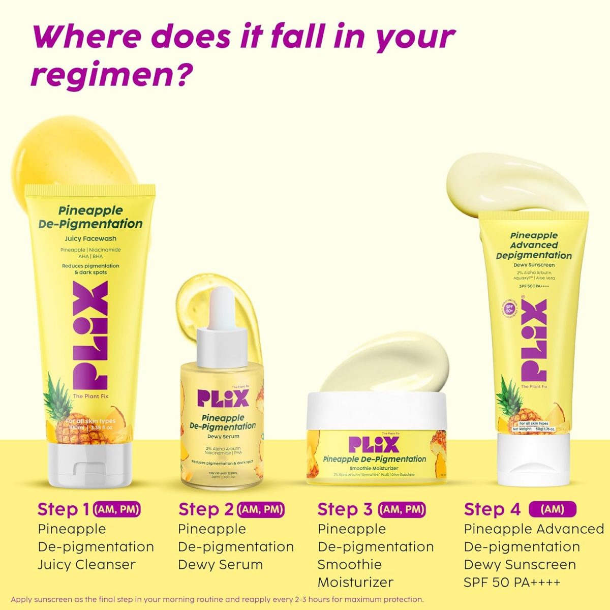 PLIX - THE PLANT FIX Pineapple Advanced Depigmentation Dewy Sunscreen SPF 50 PA++++ | Alpha Arbutin & Aquaxyl | Reduces Pigmentation, Protects from UV & Blue Light, Hydrates Skin | Vegan & Paraben-Free | 50g - Image 6