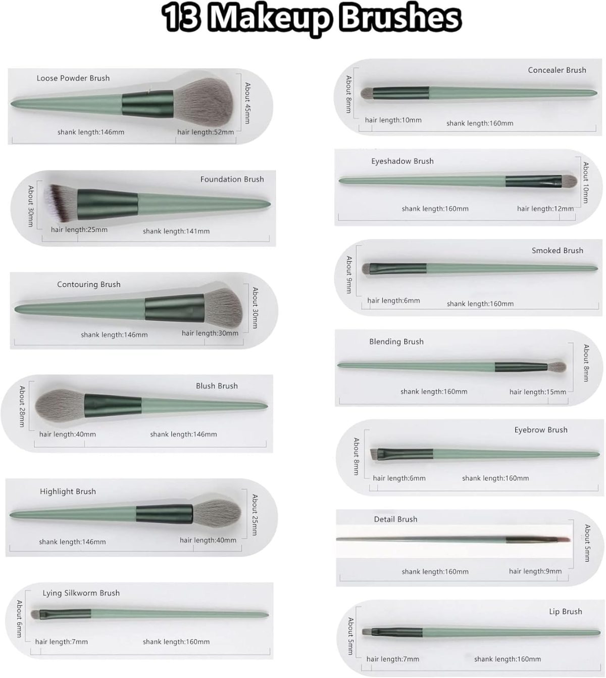 lizepto 13 Pcs Makeup Brushes Set with Bag – Foundation, Concealer, Powder, Blush, Highlighter, Eyeshadow & Eyebrow Brushes – Travel Makeup Kit for Beginners & Makeup Artists (Green) - Image 6