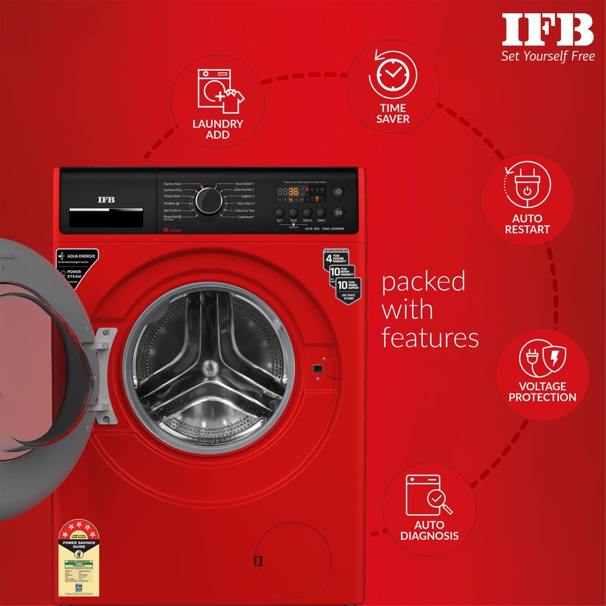 IFB 7 Kg 5 Star Front Load Washing Machine 2X Power Steam (ELITE ZRS 7012, Red, In-built Heater, 4 years Comprehensive Warranty) - Image 6