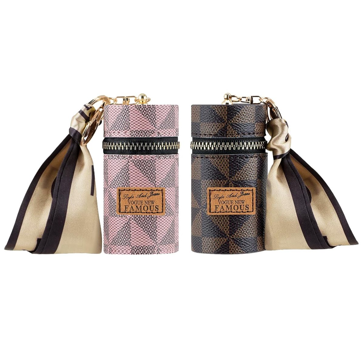 Adorila Leather Travel 2 Pack Lipstick Organizer, Lip Gloss Bag with Keychain, Portable Mini Lipstick Case for Purse (Brown, Pink), Brown+White