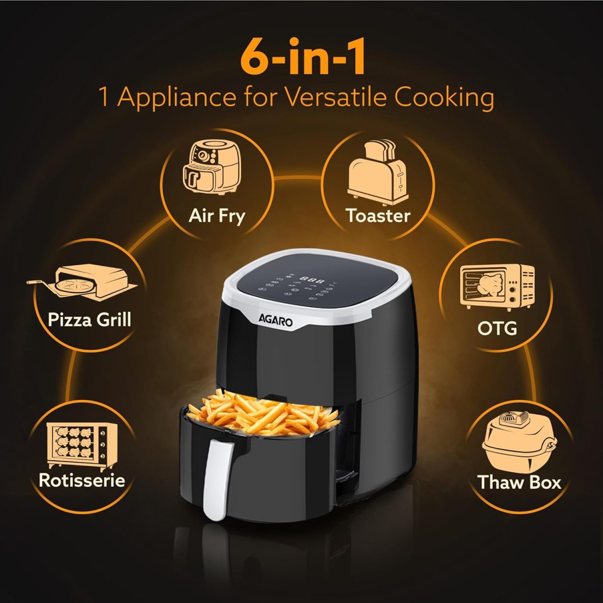 AGARO Galaxy Digital Air Fryer For Home, 4.5L, Electric Air Fryer, Convection Oven, 1400W, 7 Preset Programs & Reheat, 360 Degrees Air Circulation, Digital Touch Display, Bake, Roast, Toast, Black - Image 2