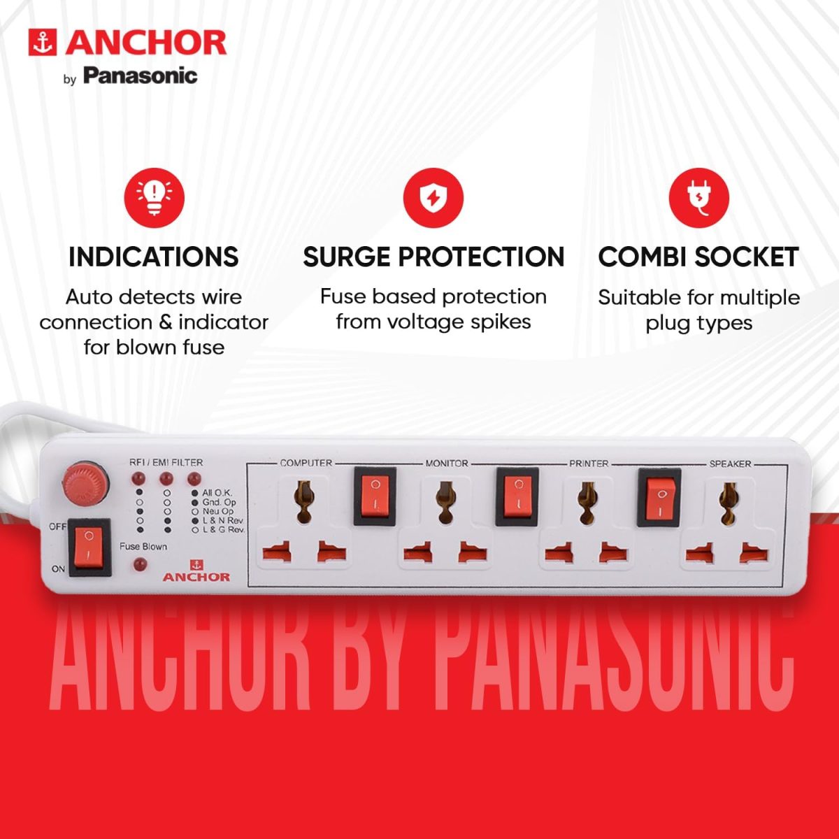Anchor by Panasonic 4 way 6A Universal Socket with 3 Switch & 1 Master Switch | 4 Way Extension Board with 1.5 Mtr Extension Cord | Multi Plug Socket for Home Wall, Office (22568) - Image 4