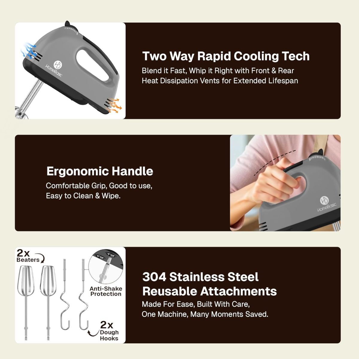 HOMEBASIC Hand Mixer for Cake Baking 260W | Electric Hand Beater with 7 Speed Control, Dough Hook & Beaters | Mixing, Whipping, Kneading, Egg Whisker Blender for Kitchen | Food Grade Stainless Steel - Image 5