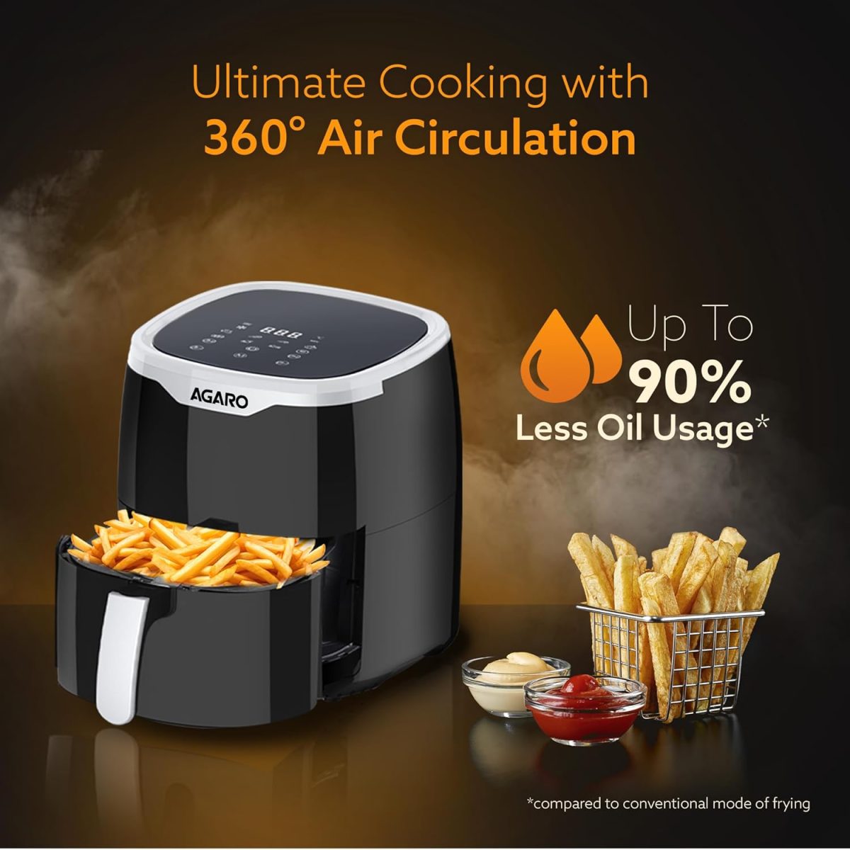 AGARO Galaxy Digital Air Fryer For Home, 4.5L, Electric Air Fryer, Convection Oven, 1400W, 7 Preset Programs & Reheat, 360 Degrees Air Circulation, Digital Touch Display, Bake, Roast, Toast, Black - Image 3