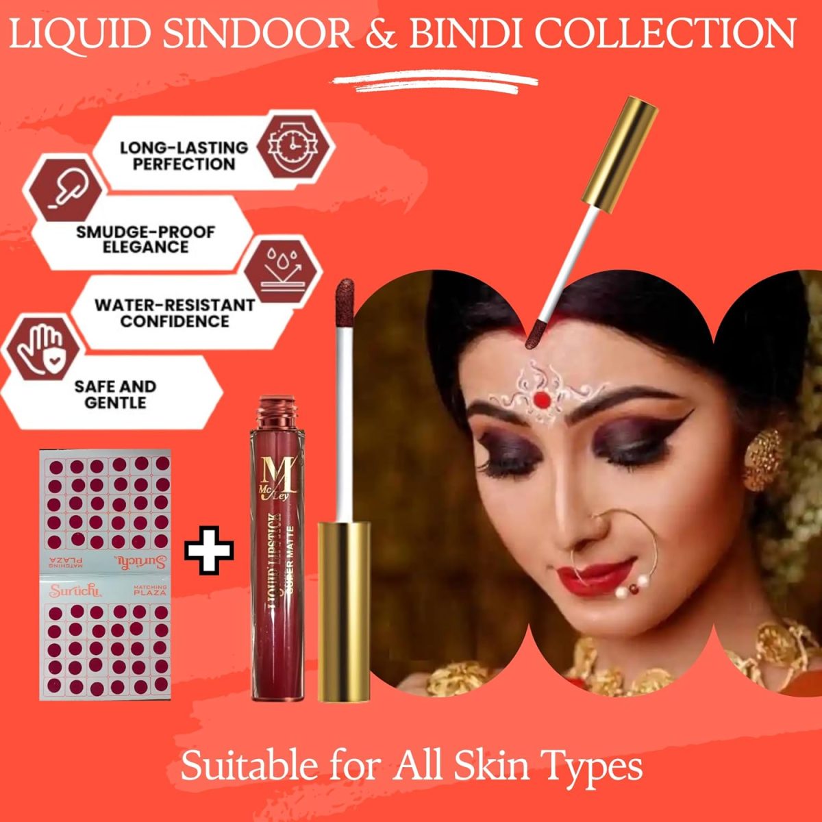 Combo of 1 Liquid Sindoor & 60 Bindis | Skin Friendly | Smudge-Proof, Long Lasting | Perfect for Women & Girls - Image 2