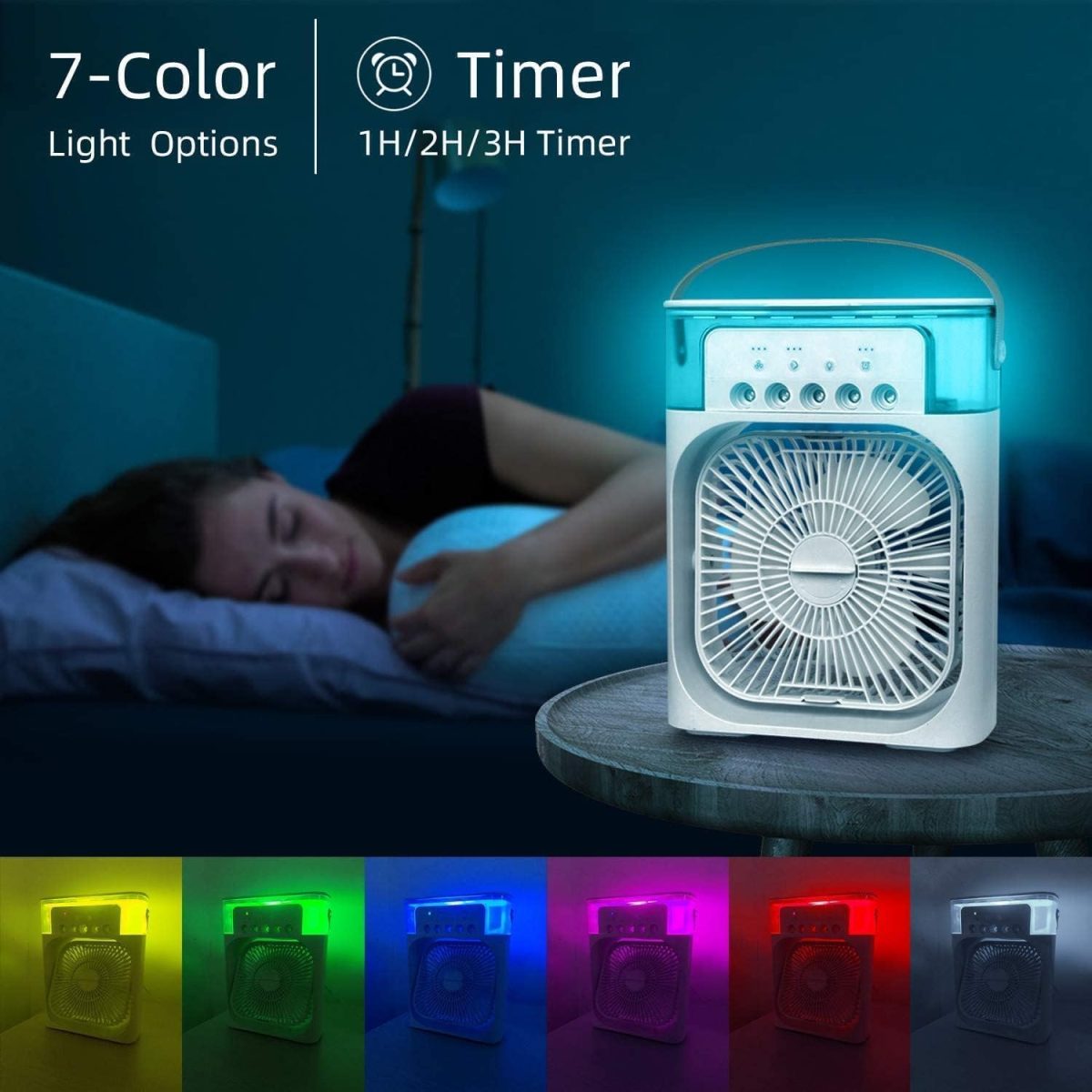 ConvertKitchen Portable Air Conditioner Fan, 500 ml Water Tank USB Personal Cooler, Mini Humidifier Fan with 7 Colors LED Light, 3 Timer, 3 Wind Speeds, 3 Spray Modes for Office, Home - Image 3