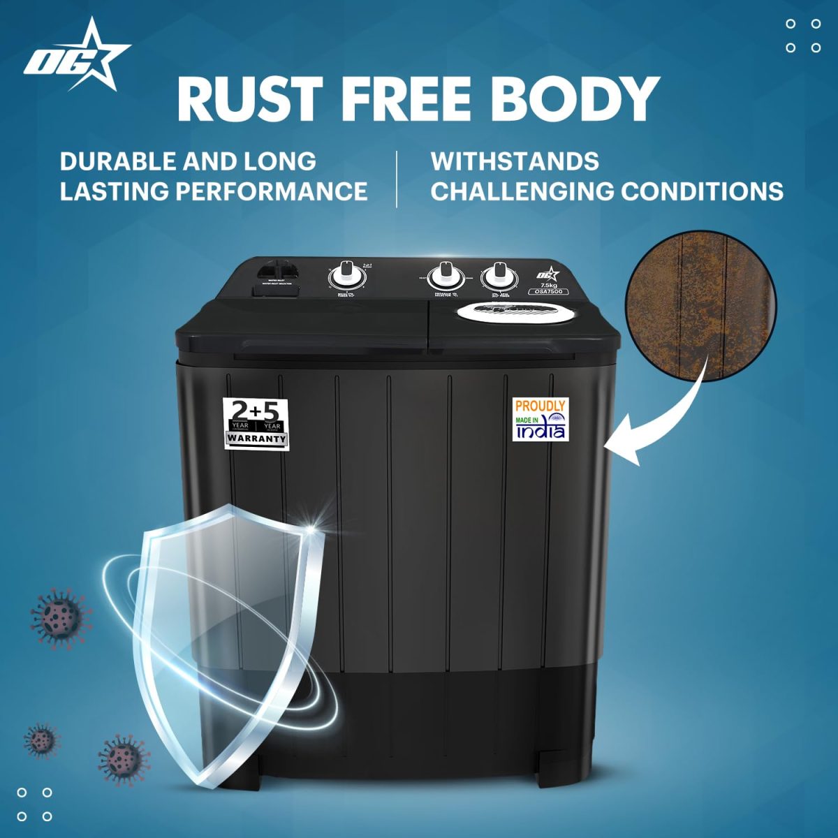 OG Star 7.5 kg Semi-Automatic Top Load Washing Machine (OSA7500/Black & Grey/2025) - Image 8