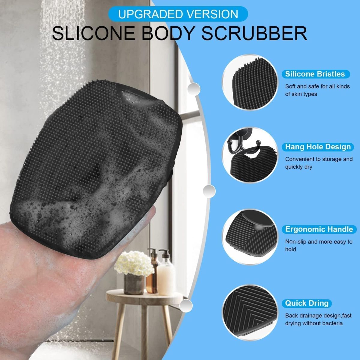 B-BUCKET Silicone Body Scrubber,Shower Scrubber for Nourishing Cleaning & Exfoliating Your Skin Lather Boosting Bristles with Ergonomic No-Slip Handle, Body Exfoliator for Men and Women bath brush - Image 8