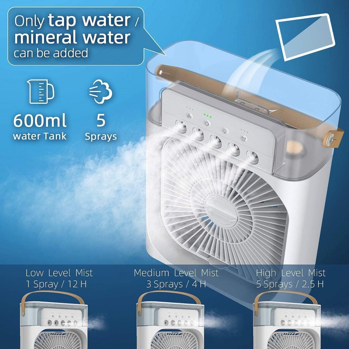 ConvertKitchen Portable Air Conditioner Fan, 500 ml Water Tank USB Personal Cooler, Mini Humidifier Fan with 7 Colors LED Light, 3 Timer, 3 Wind Speeds, 3 Spray Modes for Office, Home - Image 4