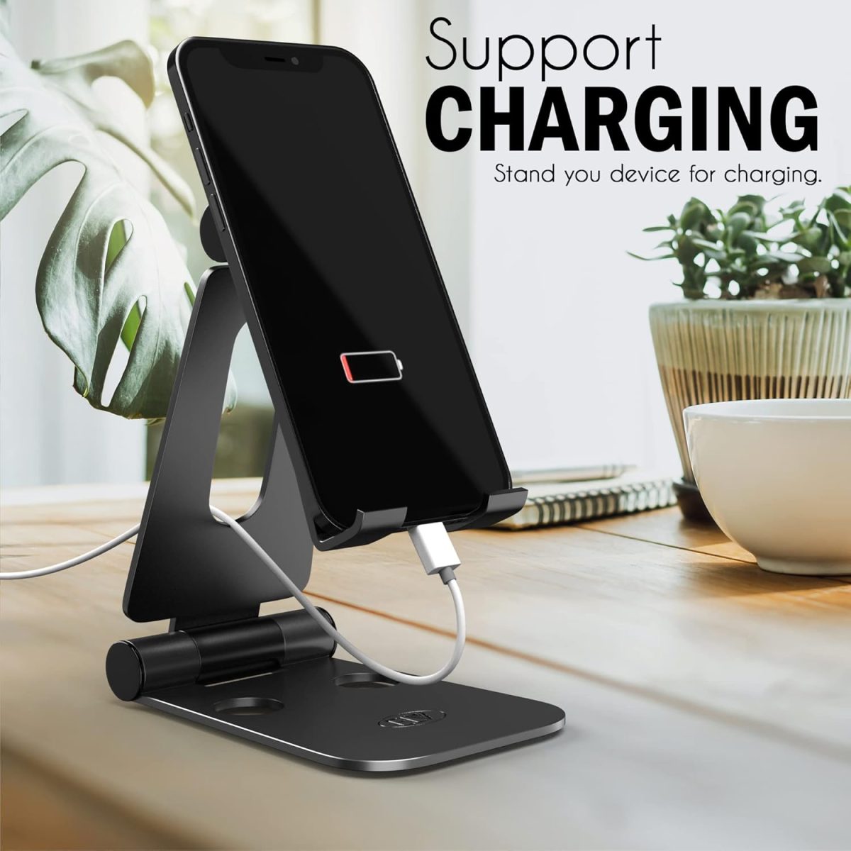 ELV Aluminum Adjustable Mobile Phone Foldable Holder Tabletop Stand, Dock Mount for All Smartphones, Tabs, Kindle, iPad (Black) - Image 2