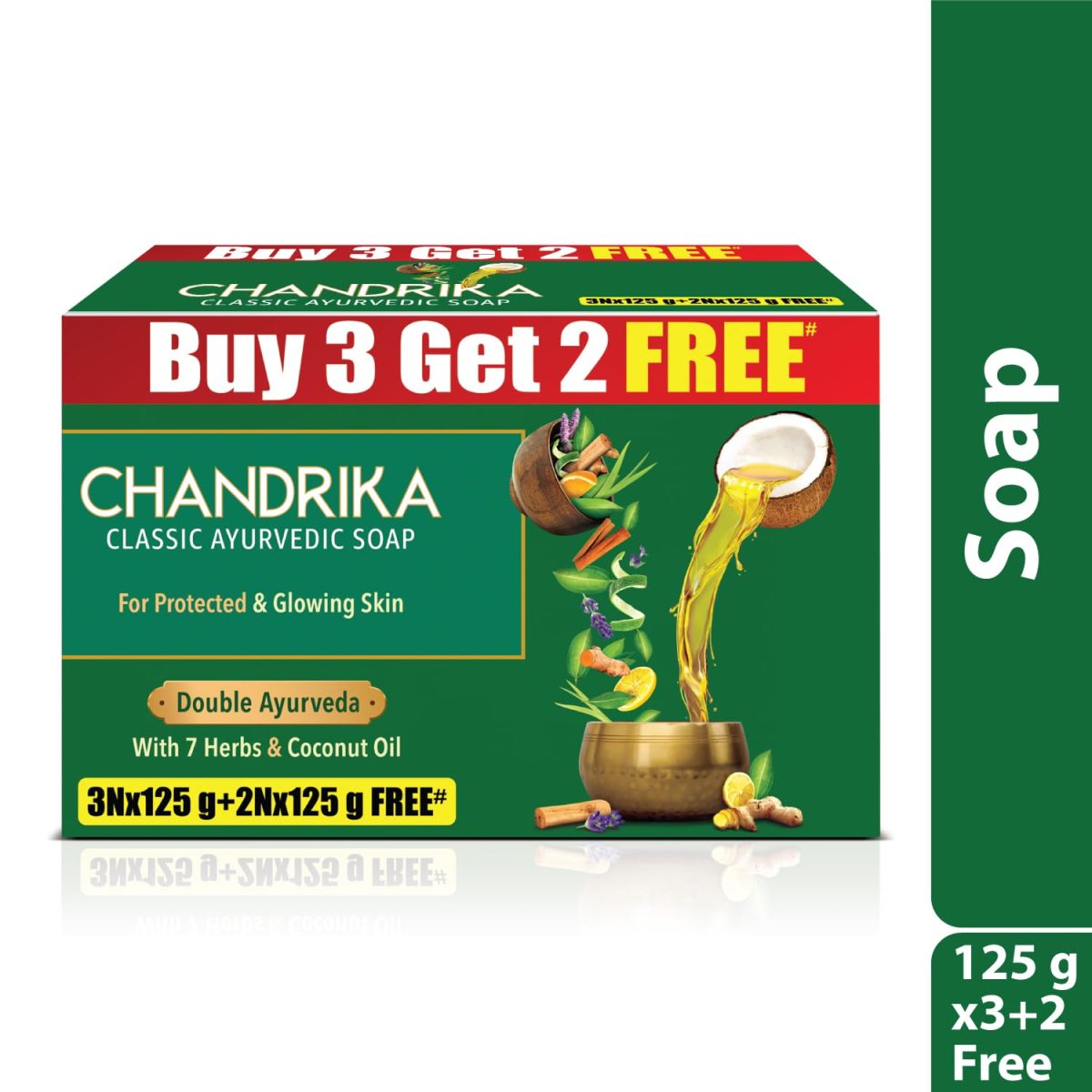 Chandrika Ayurvedic Soap Classic| Handmade Soap for Naturally Radiant Skin| For All Skin Types| 125g (Pack of 3) + 2x125g Soap Free - Image 2