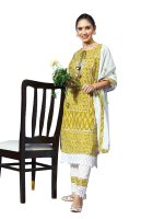 ishin Women's Cotton Olive & Off White Embroidered A-Line Kurta set With Trouser and Dupatta - Image 6