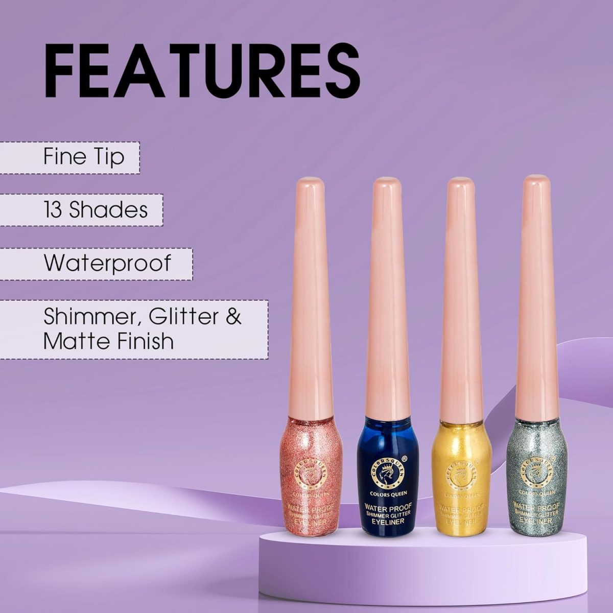 Colors Queen Sky Eyes Shimmer Glitter Waterproof Eyeliner | Long Lasting Liquid Eyeliner with Precision Application | Highly Pigmented & Smudge Proof Eyeliner for Eye Makeup (Shade - 14, 5ml) - Image 2