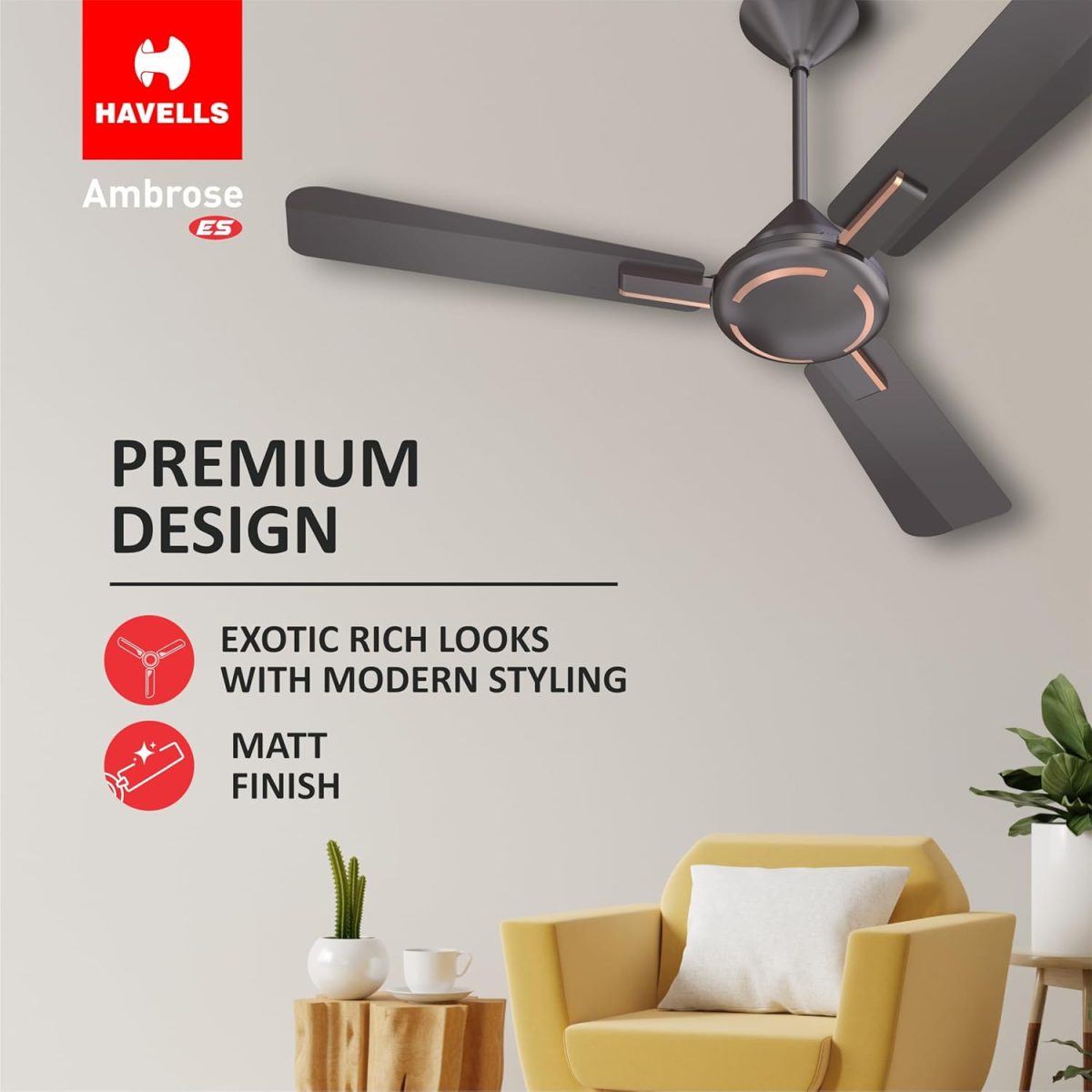 Havells 1200Mm Ambrose Es Ceiling Fan|Premium Matt Finish,Decorative Fan,Elegant Looks,High Air Delivery,Energy Saving,100% Pure Copper Motor|2 Year Warranty By Brand|3.8 stars,(Pack Of 1,Copper) - Image 4