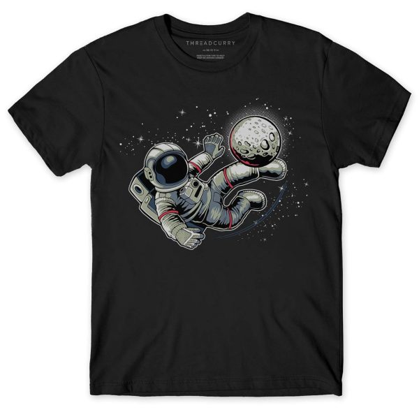 THREADCURRY Football in Space | Astronaut Fun Comic Cotton Graphic Printed Tshirt for Boys Black