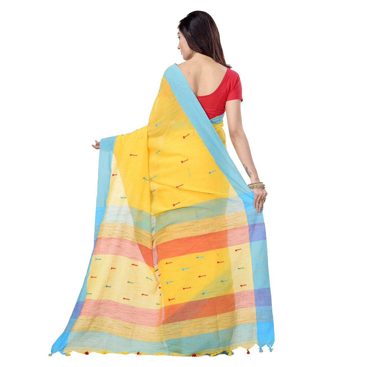 dB DESH BIDESH Women's Tant Cotton Saree With Blouse Piece (DBSARE16022019WOBT1_Yellow, Blue & Red) - Image 3
