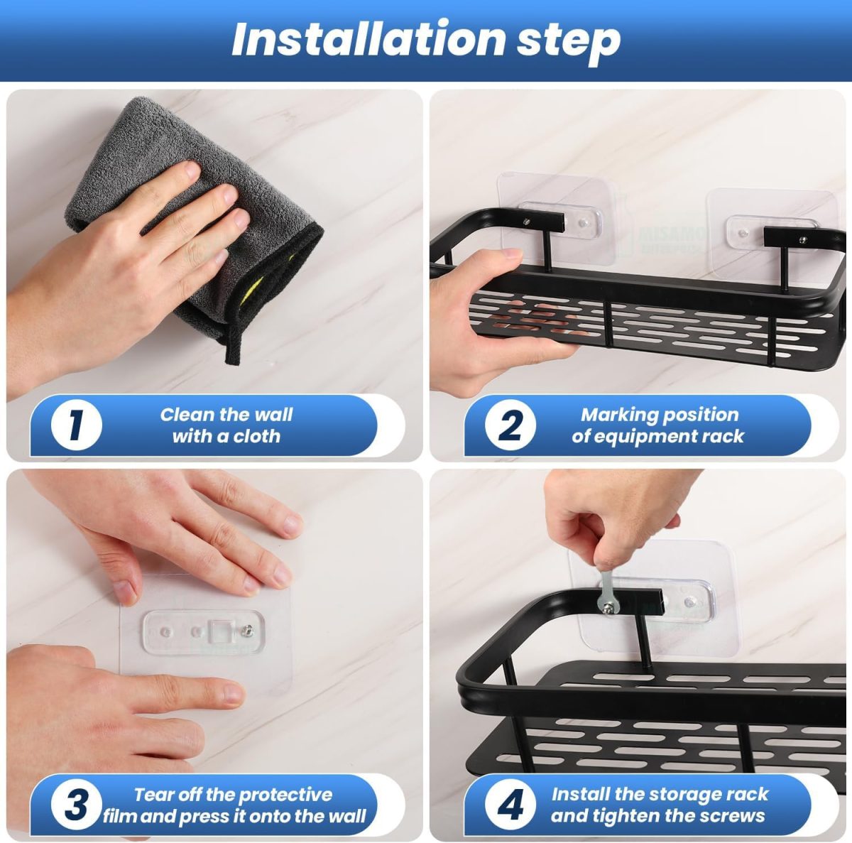 Misamo Enterprise Bathroom Wall Shelf Organiser, Adhesive Mount Storage Rack with Installation Kit (Shelf-Black, Pack of 2) - Image 3