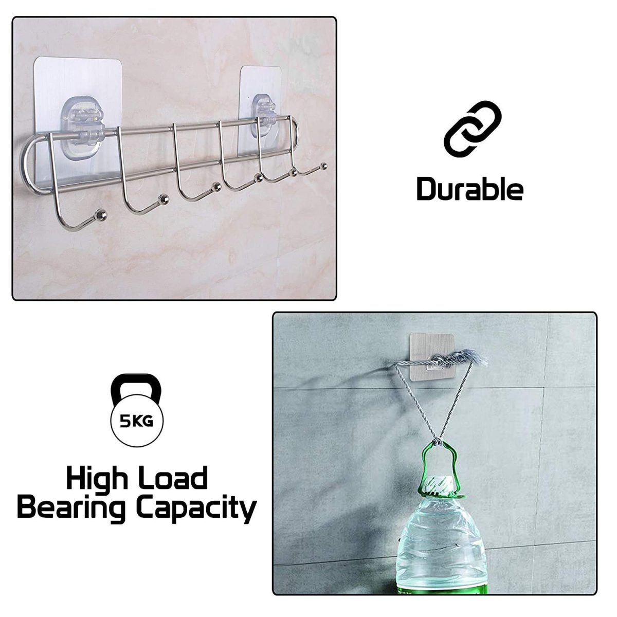 ZURATO Stainless Steel Bathroom Wall Hook 6 Hooks Cloth Hanger Bathroom Wall Door Hook Magic Sticker Self Adhesive for Bathroom Towel Rail Kitchen Hanger Hooks Capacity-5 Kg, Silver - Image 4