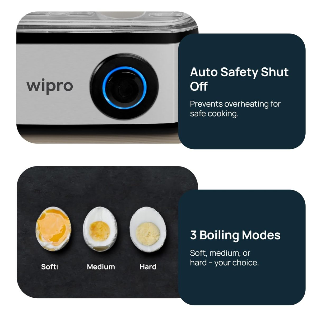 Wipro Elato BE201 4in1 Multicooker 500 Watt - Boils up to 16 Eggs, Steam Rice, Poach Eggs, Cook Vegetables - 3 Boiling Modes, Concurrent Cooking - 2 Year Warranty - Image 4