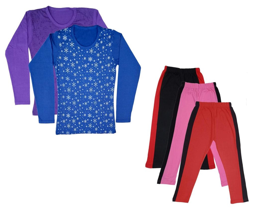 IndiWeaves Girls Cotton Full Sleeve Printed T-Shirts and Cotton Capri 3/4 Pants (Black,Pink,Red,Purple,Blue) Pack of 5