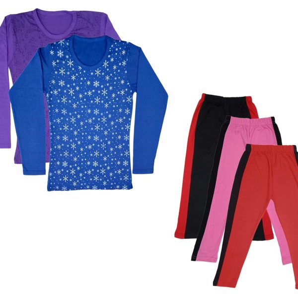 IndiWeaves Girls Cotton Full Sleeve Printed T-Shirts and Cotton Capri 3/4 Pants (Black,Pink,Red,Purple,Blue) Pack of 5