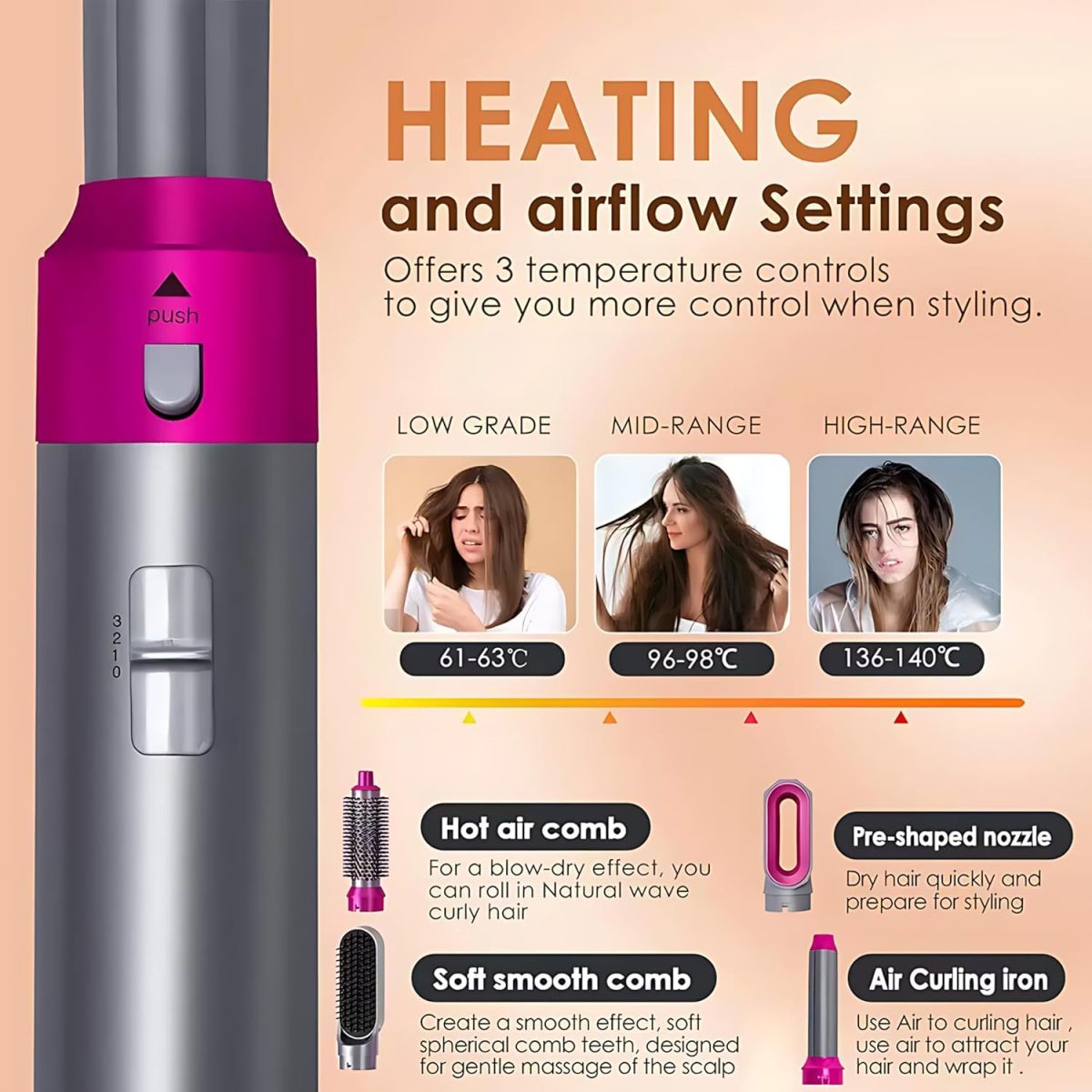 5 in 1 Hot Air Brush Hair Dryer & Volumizer, 1000W Multifunctional Hair Styler Tool for Women | Detachable Blow Dryer Brush, Hair Straightener, Curler, Crimper, Auto-Wrap Rotating Comb, Negative Ion Frizz-Free Technology | Professional Salon-Quality Fast Drying, 3 Heat Settings, Lightweight Portable Design, Suitable for All Types Styling & Scalp Massager - Image 4