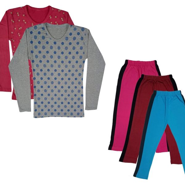 IndiWeaves Girls Cotton Full Sleeve Printed T-Shirts and Cotton Capri 3/4 Pants (Magenta,Maroon,Sky Blue,Maroon,Grey,12-13 Years) Pack of 5