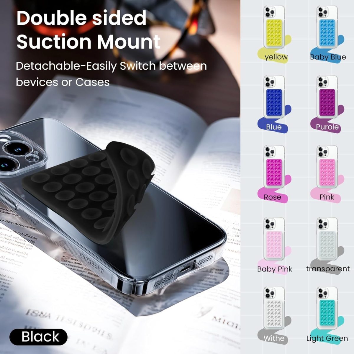 Printme Double-Sided, 2 Pack Suction Cup Phone Case Mount, Anti Slip Silicon Sticky Phone Stand for iPhone and Android, Hands-Free Strong Grip Holder for Selfies and Videos (Multi - Coloured) - Image 2