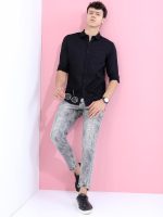 Highlander Men Cotton Solid Slim Fit Shirt (HLSH013832_Black, Large - Image 2