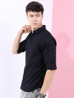 Highlander Men Cotton Solid Slim Fit Shirt (HLSH013832_Black, Large - Image 5