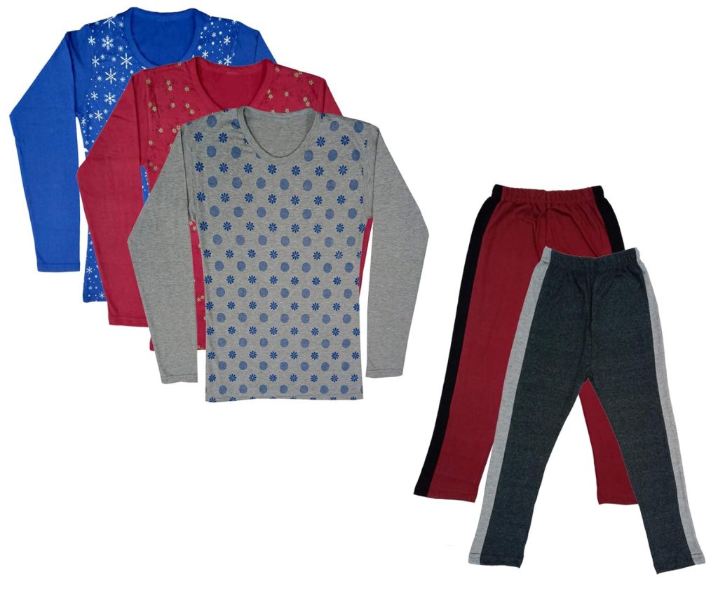 IndiWeaves Girls Cotton Full Sleeve Printed T-Shirts and Cotton Capri 3/4 Pants (Maroon,Dark Grey,Blue,Maroon,Grey,6-7 Years) Pack of 5