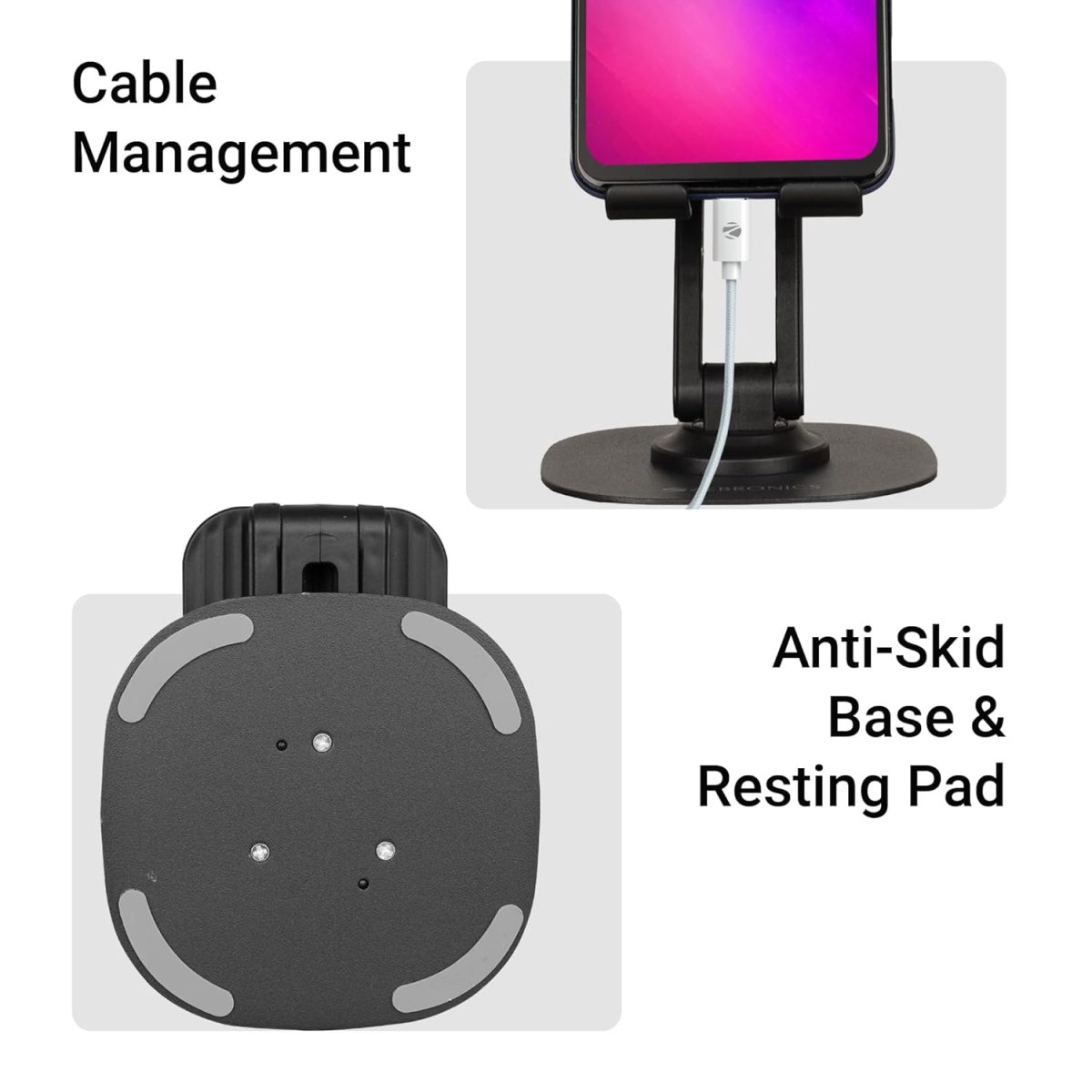 ZEBRONICS MTS200, Foldable Mobile Holder, Upto 9.6 inches, 360° Rotatable, Stepless Multi Angle Adjustment, Anti-Skid Base & Resting pad, Lightweight & Handy, Compatible with Mobile & Tablet (Black) - Image 7