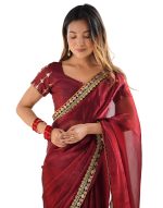 SIRIL Women's Shimmer Chiffon Lace Border Saree With Unstitched Blouse Piece