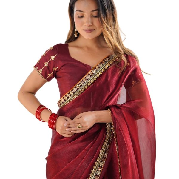 SIRIL Women's Shimmer Chiffon Lace Border Saree With Unstitched Blouse Piece