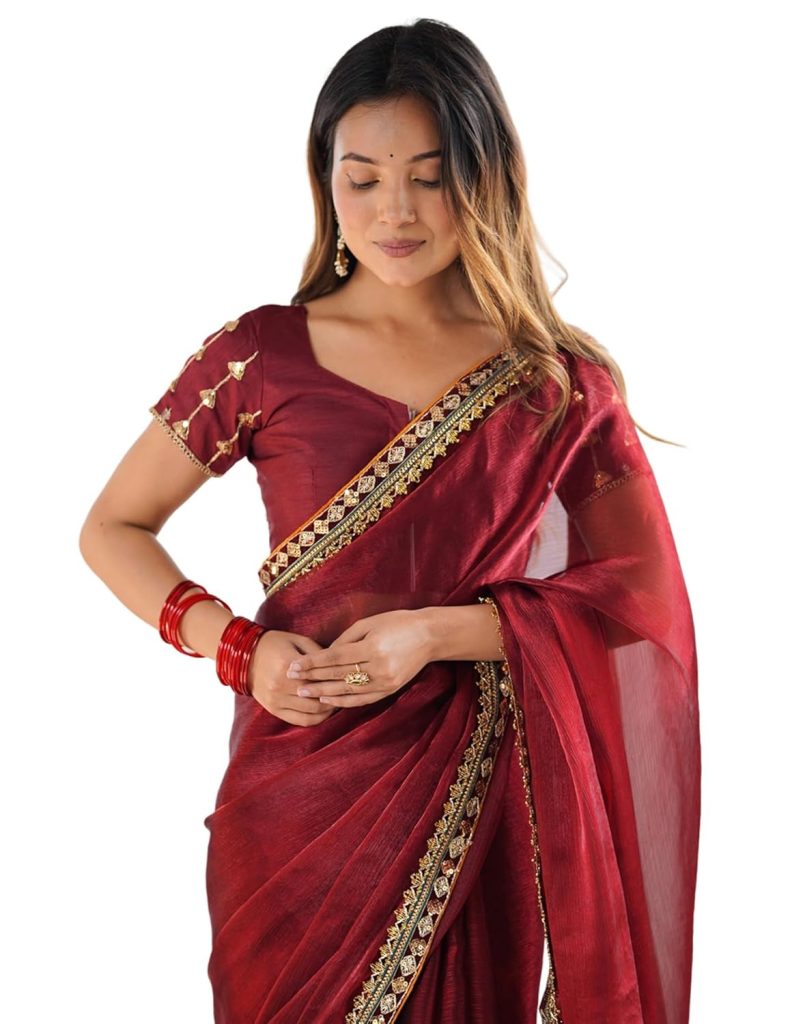SIRIL Women's Shimmer Chiffon Lace Border Saree With Unstitched Blouse Piece