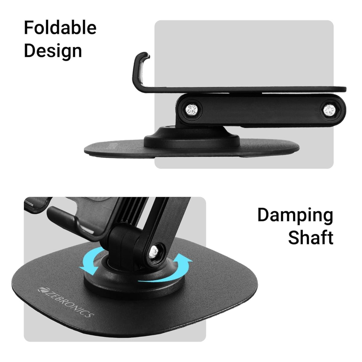 ZEBRONICS MTS200, Foldable Mobile Holder, Upto 9.6 inches, 360° Rotatable, Stepless Multi Angle Adjustment, Anti-Skid Base & Resting pad, Lightweight & Handy, Compatible with Mobile & Tablet (Black) - Image 5