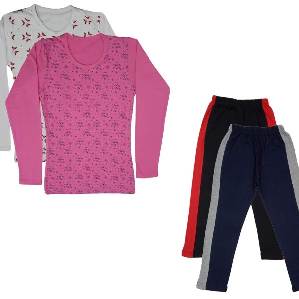 IndiWeaves Girls Cotton Full Sleeve Printed T-Shirts and Cotton Capri 3/4 Pants (Black,Navy Blue,White,Pink,6-7 Years) Pack of 4